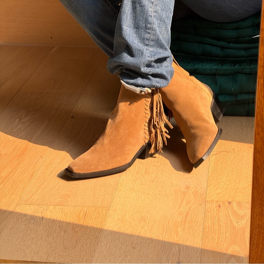 AllSaints Suede Fringe Western Ankle Tan Boots – Boho Chic